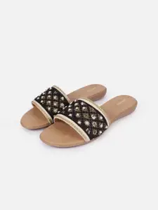 Anouk Black & White Ethnic Embellished Open Toe Flats