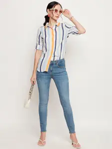 Ruhaans Classic Vertical Striped Spread Collar Roll-Up Sleeves Cotton Casual Shirt