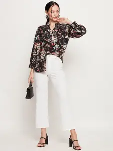 Ruhaans Classic Abstract Printed Mandarin Collar Puff Sleeves Casual Shirt