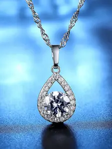 MYKI Women Silver Plated Cubic Zirconia Stone Studded Teardrop Shaped Pendant