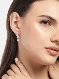 Zavya Rhodium Plated CZ Studded Sterling Silver Teardrop Shaped Drop Earrings