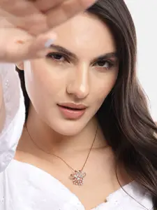 Zavya Women Rose Gold-Plated CZ Studded Sterling Silver Floral Pendant with Chain