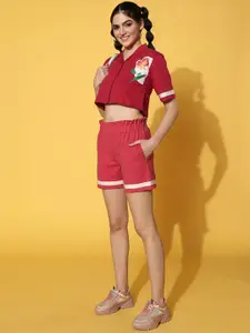 JUNEBERRY Printed Shirt-Collar Pure Cotton Crop Top & Short