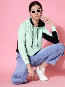 DressBerry Colourblocked Hooded Cotton Crop Pullover Sweatshirt