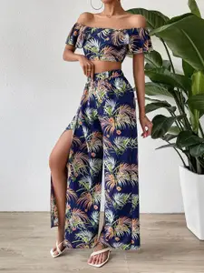 StyleCast Navy Blue Printed Off-Shoulder Pure Cotton Top & Palazzo