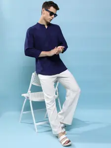 HIGHLANDER Blue Slim Fit Band Collar Long Sleeve Pocket Cotton Casual Shirt