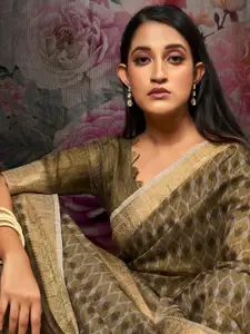 Anouk Brown & Silver-Toned Geometric Printed Zari Saree