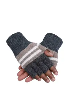 LOOM LEGACY Men Striped Winter Acrylic Woolen Half Finger Hand Gloves