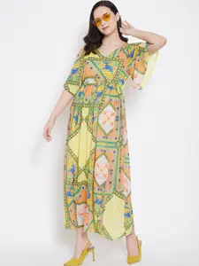 BAESD Abstract Printed V-Neck Flared Sleeves Maxi Dress