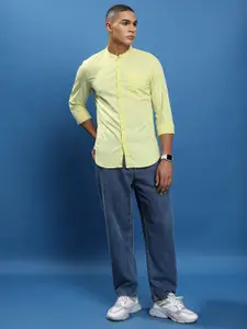 HIGHLANDER Yellow Slim Fit Band Collar Cotton Casual Shirt