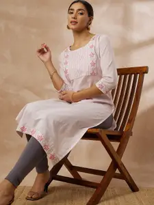 all about you Floral Yoke Design Cotton Thread Work Kurta