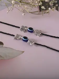 NVR Women Set Of 2 Evil Eye & Butterfly Beaded Anklets