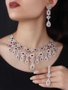 Mirana Rhodium-Plated CZ Studded Double Layered Necklace With Earrings & Maang Tika