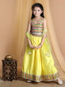 Cutiekins Girls Yellow & Blue Embroidered Mirror Work Ready to Wear Lehenga & Blouse With Dupatta