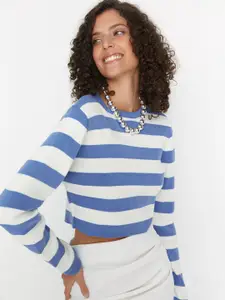 Trendyol Round Neck Striped Crop Acrylic Pullover