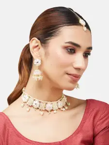 ATIBELLE Gold-Plated Kundan-Studded & Beaded Necklace and Earrings With Maang Tikka