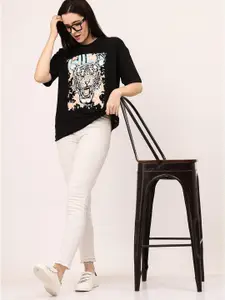 Leotude Women Black Printed Extended Sleeves Raw Edge T-shirt