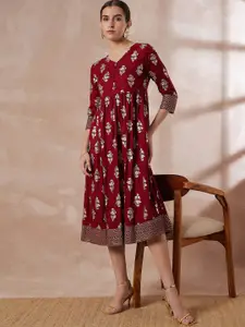 all about you Maroon Ethnic Motifs Printed A-Line Midi Dress