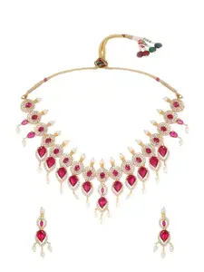 Rubans Premium 24K Gold Plated Ruby & CZ Studded and Pearl Beaded Traditional Necklace Set