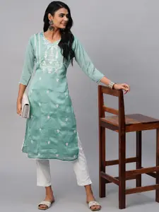 RATAN Ethnic Motifs Embroidered Chikankari Pastels Chanderi Silk Kurta