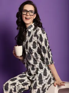 Claura White & Black Ethnic Motifs Printed Pure Cotton Night suit