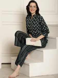 Claura Green & Cream-Coloured Ethnic Motifs Printed Pure Cotton Night suit