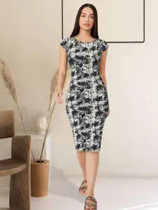 BAESD Tie and Dyed Boat Neck Cap Sleeves Bodycon Midi Dress