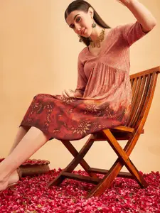 Sangria Mauve Self Designed V-Neck Empire Dress