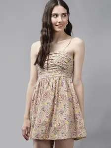 Mast & Harbour Floral Printed Shoulder Straps Gathered Deatil Fit & Flare Dress