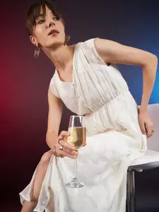 DressBerry Off White Self Design Jacquard A-Line Midi Dress