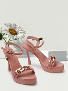 DressBerry Peach-Coloured Party Embellished Platform Heels With Buckles