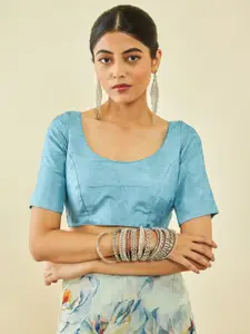 Soch Turquoise Blue & Red Floral Printed Zari Organza Saree