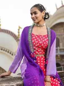 SCAKHI Polka Dots Printed Mirror Work Ready to Wear Lehenga &