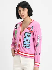 FOREVER 21 Graphic Printed V-Neck Pure Cotton Pullover Sweater