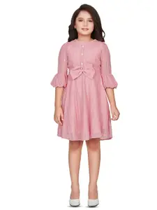 Peppermint Girls Self Design Bell Sleeve Bow Detailed Fit & Flare Dress