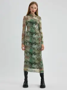 DeFacto Typography Printed High Neck Sheath Midi Dress