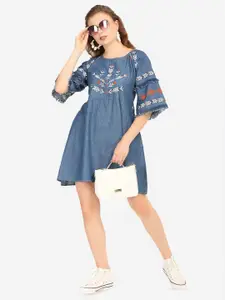 SUMAVI-FASHION Floral Embroidered Fringed Detail Organic Cotton Denim Fit & Flare Dress