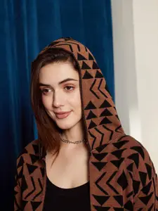 Berrylush Brown & Black Geometric Printed Hooded Longline Front Open Sweater