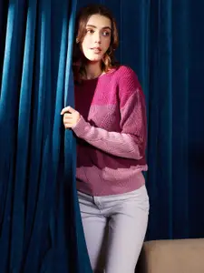Berrylush Pink & Maroon Colourblocked Acrylic Pullover Sweater