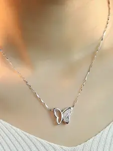 MYKI Silver-Plated CZ-Studded Butterfly Pendant With Chain