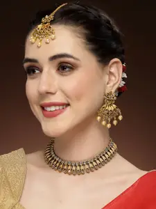 ADIVA Gold-Plated Artificial Stones Studded Necklace and Earrings With Maang Tika