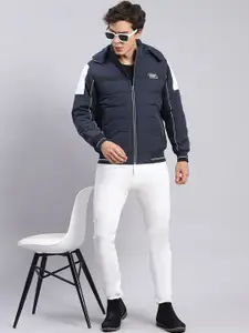 Monte Carlo Men Navy Blue Striped Lightweight Padded Jacket with Patchwork