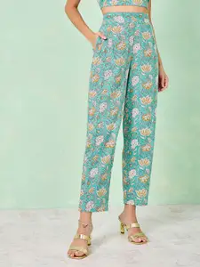 Styli Floral Printed V-Neck Pure Cotton Top With Jacket & Trousers
