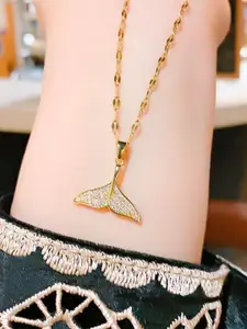 MYKI Gold-Plated Stainless Steel Cubic Zirconia Studded Fish Tail-Charm Pendant With Chain