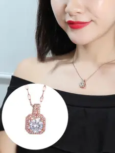 MYKI Rose Gold-Plated Stainless Steel Cubic Zirconia Studded Pendant With Chain