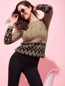 Modeve Striped Self Design Ribbed Acrylic Pullover