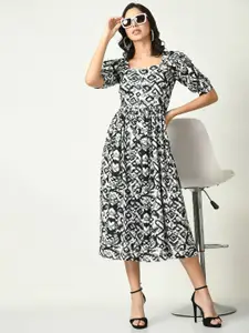 KALINI Abstract Printed Puff Sleeves Fit & Flare Midi Dress