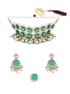 Zaveri Pearls Gold-Plated Stone-Studded & Beaded Choker Necklace Earrings & Ring