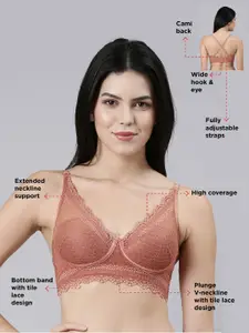 Enamor Padded Non-Wired Full Coverage Long Neck Line with Lace Detailing Plunge Bra