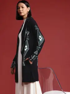 all about you Acrylic Self-Design Longline Open Front Sweater